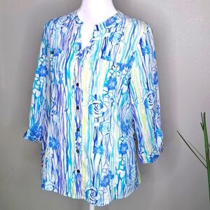 Coral Bay Linen Rayon Top Floral Tropical Button-up Petite M